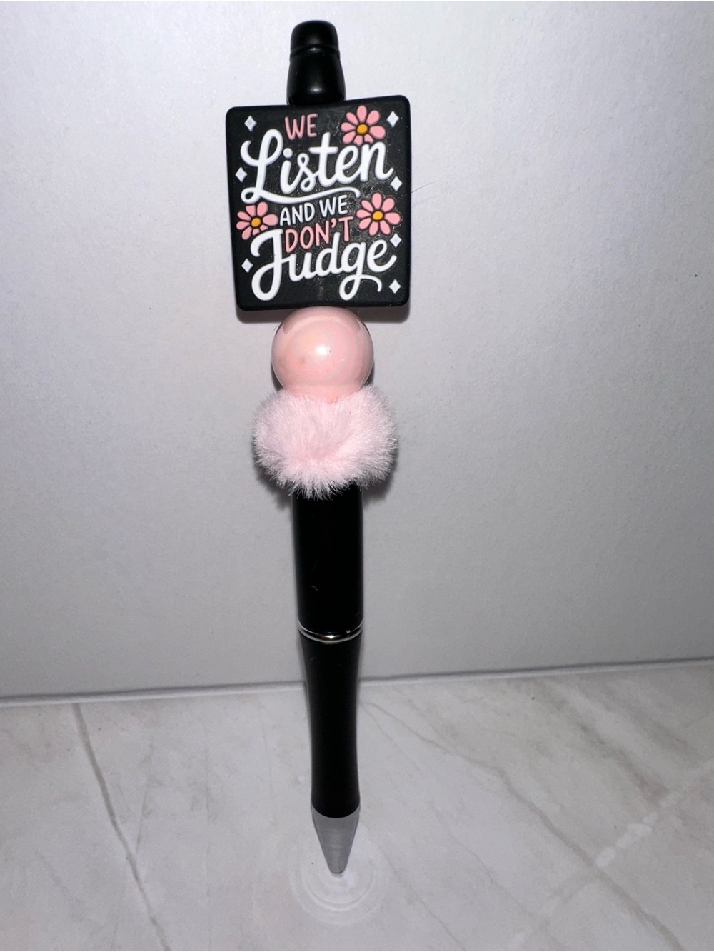 “We Listen & We Don’t Judge” Handmade Pen with fluffy Pom Pom